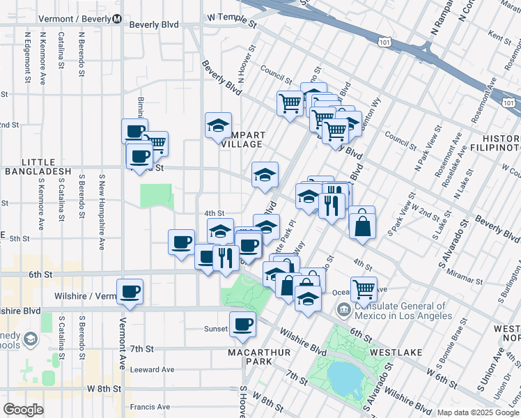map of restaurants, bars, coffee shops, grocery stores, and more near 336 South Occidental Boulevard in Los Angeles