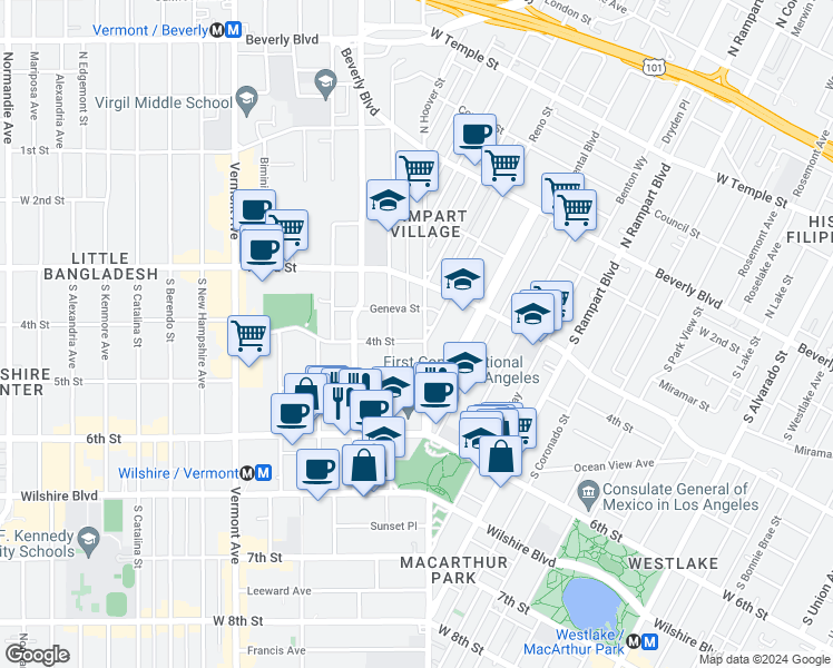 map of restaurants, bars, coffee shops, grocery stores, and more near 400 South Hoover Street in Los Angeles