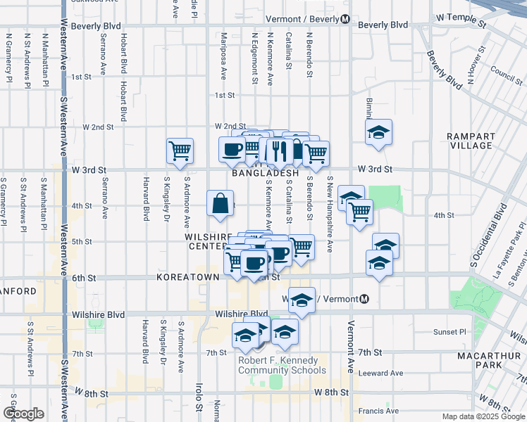 map of restaurants, bars, coffee shops, grocery stores, and more near 420 South Alexandria Avenue in Los Angeles