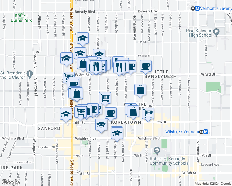 map of restaurants, bars, coffee shops, grocery stores, and more near 420 South Harvard Boulevard in Los Angeles