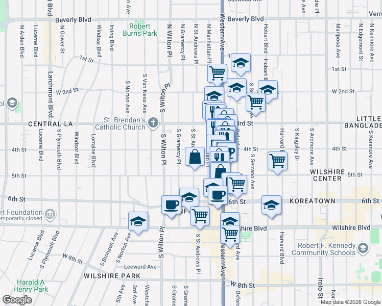 map of restaurants, bars, coffee shops, grocery stores, and more near 420 South Gramercy Place in Los Angeles