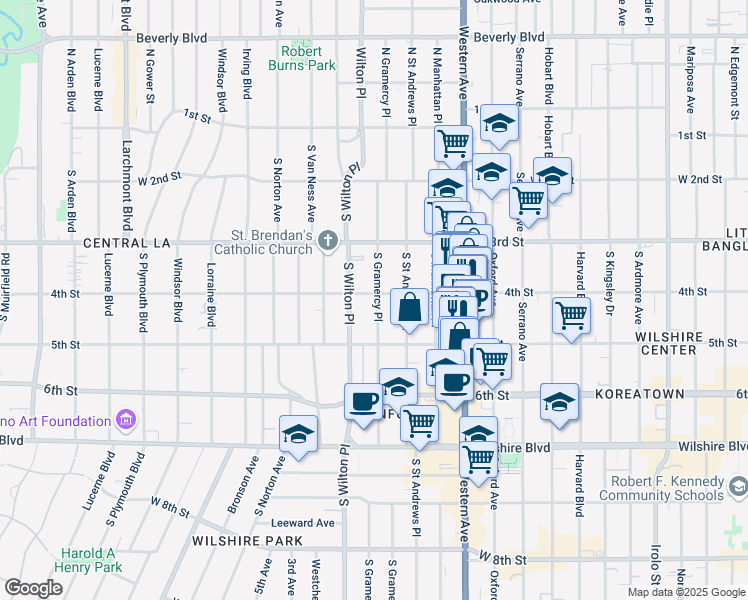 map of restaurants, bars, coffee shops, grocery stores, and more near 420 South Gramercy Place in Los Angeles
