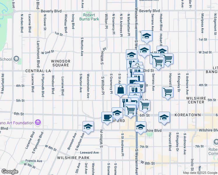 map of restaurants, bars, coffee shops, grocery stores, and more near 420 South Gramercy Place in Los Angeles