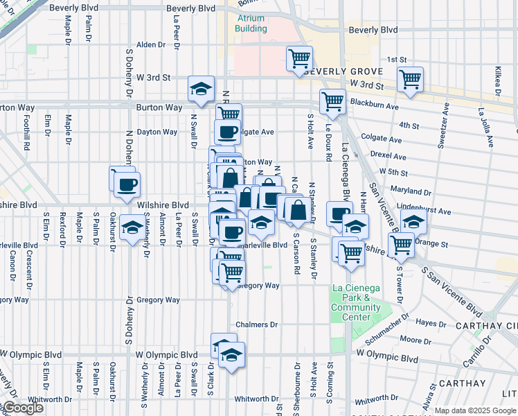 map of restaurants, bars, coffee shops, grocery stores, and more near 86 South Hamel Drive in Beverly Hills