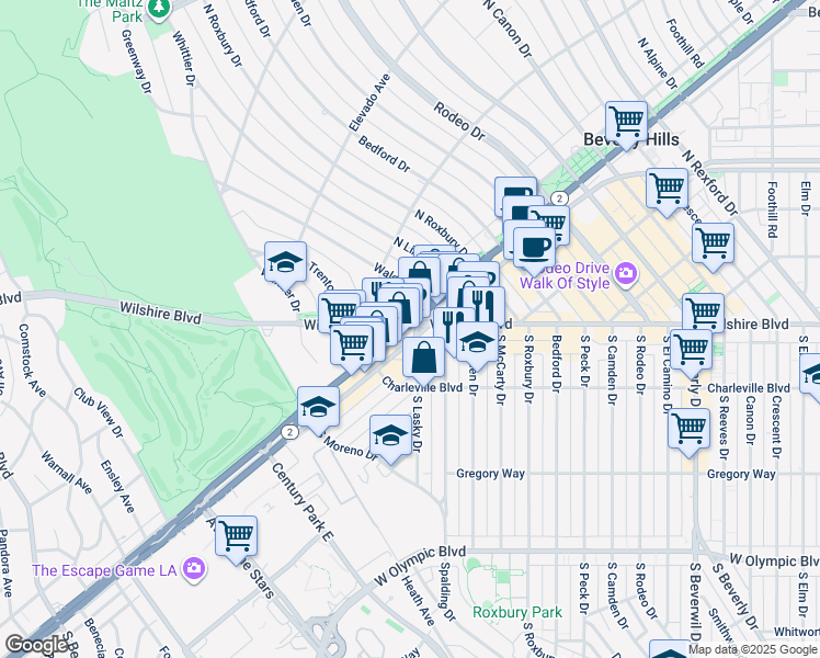 map of restaurants, bars, coffee shops, grocery stores, and more near 9855 South Santa Monica Boulevard in Beverly Hills