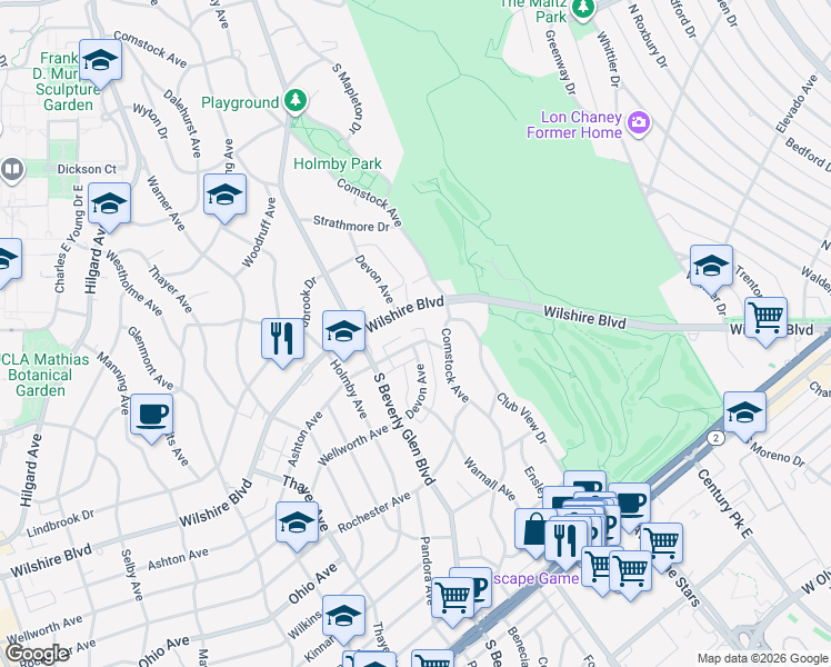 map of restaurants, bars, coffee shops, grocery stores, and more near 10330 Ashton Avenue in Los Angeles