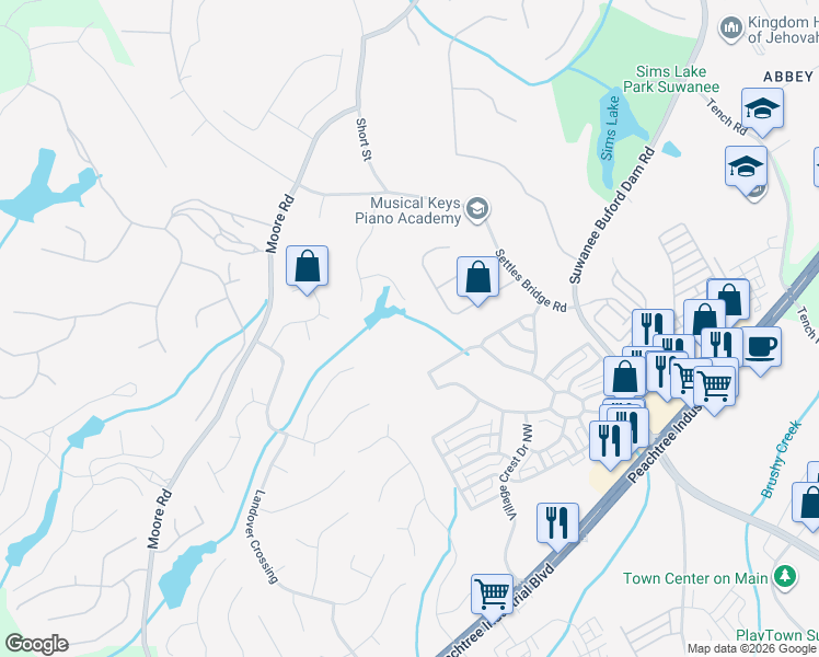 map of restaurants, bars, coffee shops, grocery stores, and more near 600 Watersedge in Suwanee