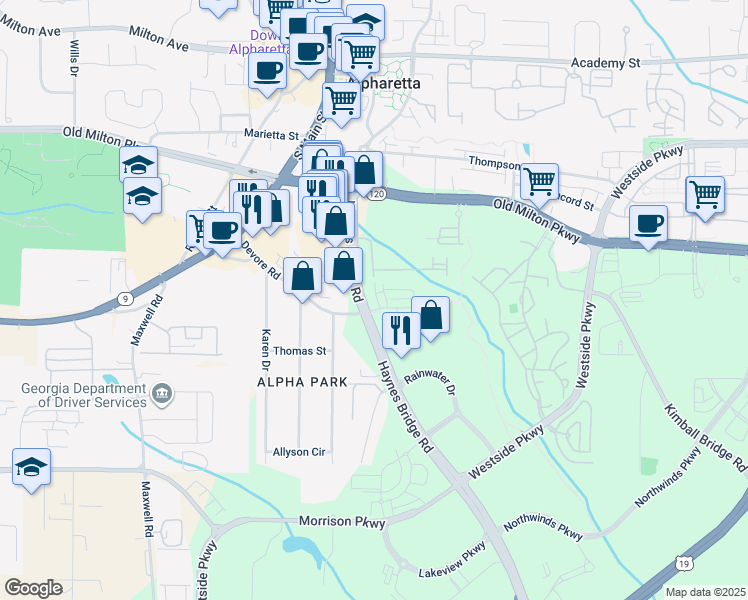 map of restaurants, bars, coffee shops, grocery stores, and more near in Alpharetta