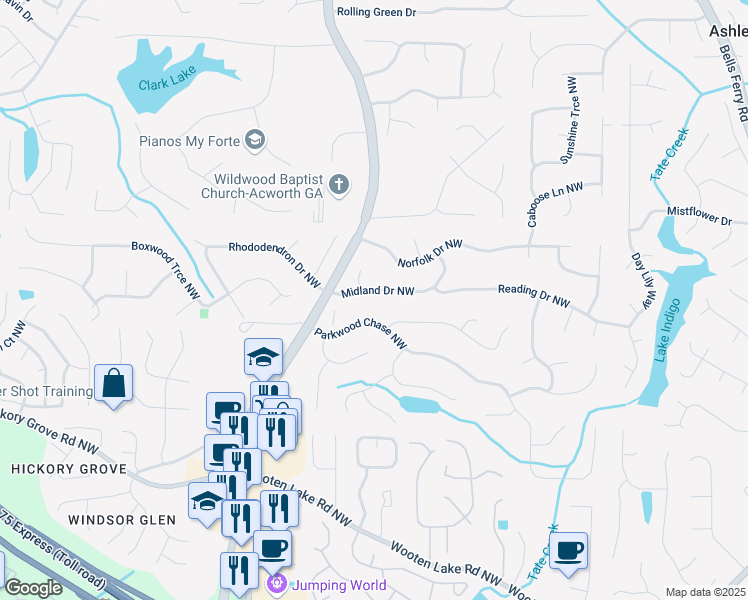 map of restaurants, bars, coffee shops, grocery stores, and more near 1149 Midland Drive Northwest in Acworth