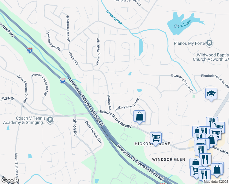 map of restaurants, bars, coffee shops, grocery stores, and more near 1866 Tranquil Field Drive Northwest in Acworth