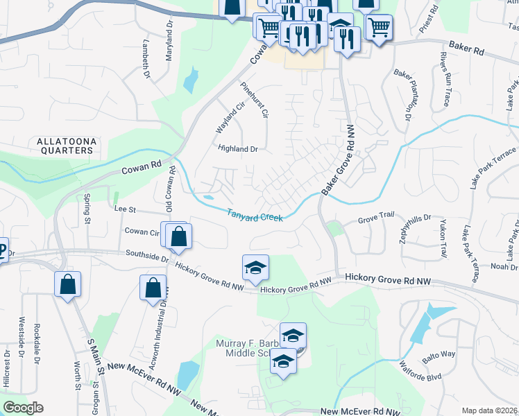 map of restaurants, bars, coffee shops, grocery stores, and more near 510 Windcroft Circle Northwest in Acworth