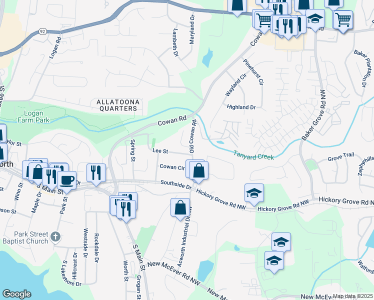 map of restaurants, bars, coffee shops, grocery stores, and more near 3799 Henry Court in Acworth