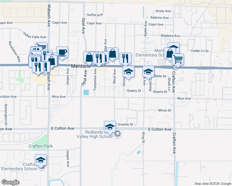 map of restaurants, bars, coffee shops, grocery stores, and more near 1114 Beryl Avenue in Mentone