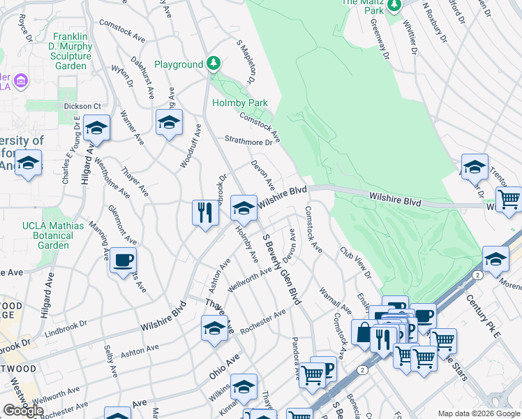 map of restaurants, bars, coffee shops, grocery stores, and more near 10390 Wilshire Boulevard in Los Angeles
