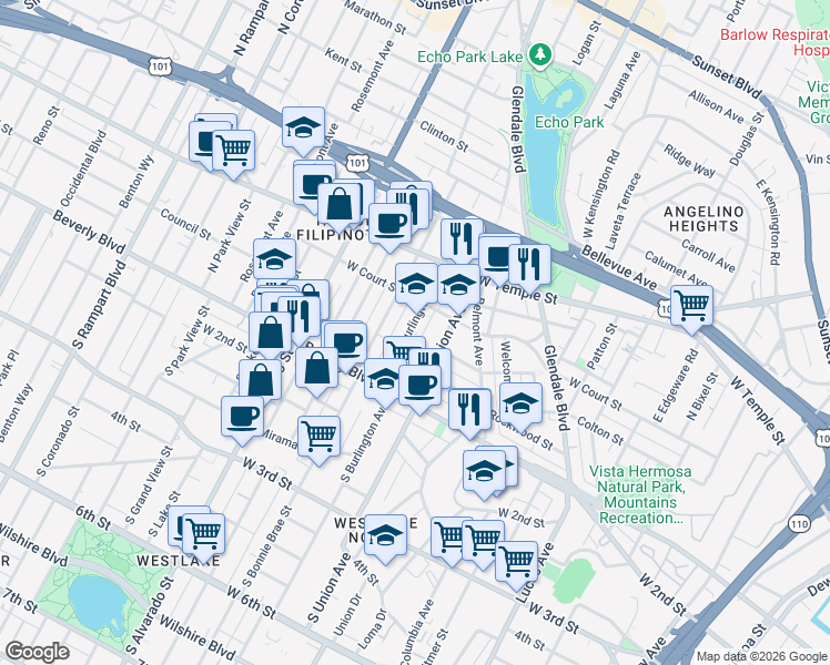 map of restaurants, bars, coffee shops, grocery stores, and more near 214 North Burlington Avenue in Los Angeles
