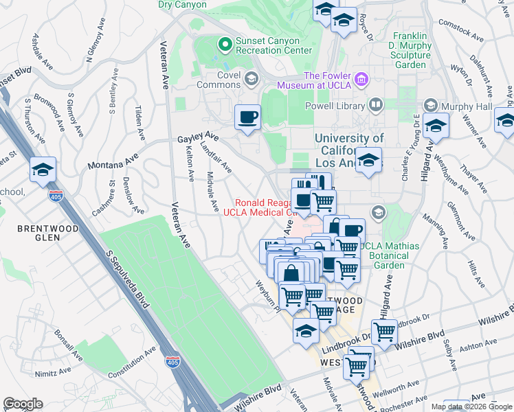 map of restaurants, bars, coffee shops, grocery stores, and more near 10944 Strathmore Drive in Los Angeles