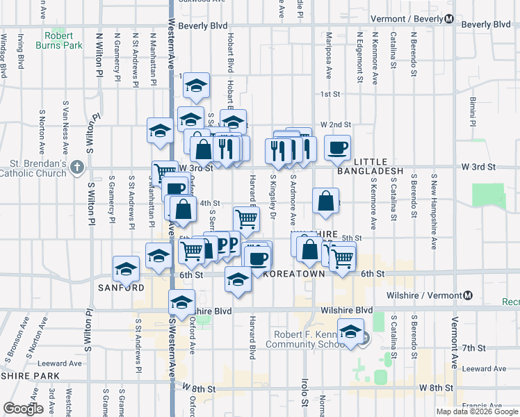 map of restaurants, bars, coffee shops, grocery stores, and more near 400 South Harvard Boulevard in Los Angeles