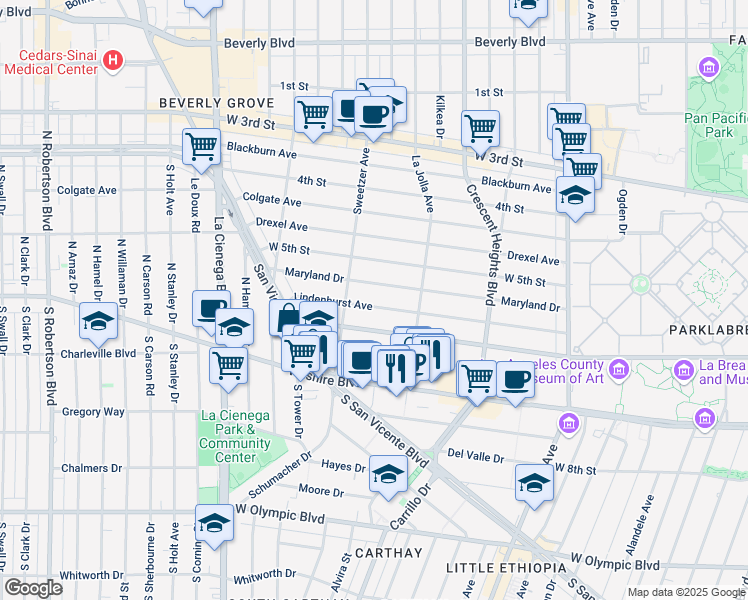 map of restaurants, bars, coffee shops, grocery stores, and more near 6503 Lindenhurst Avenue in Los Angeles