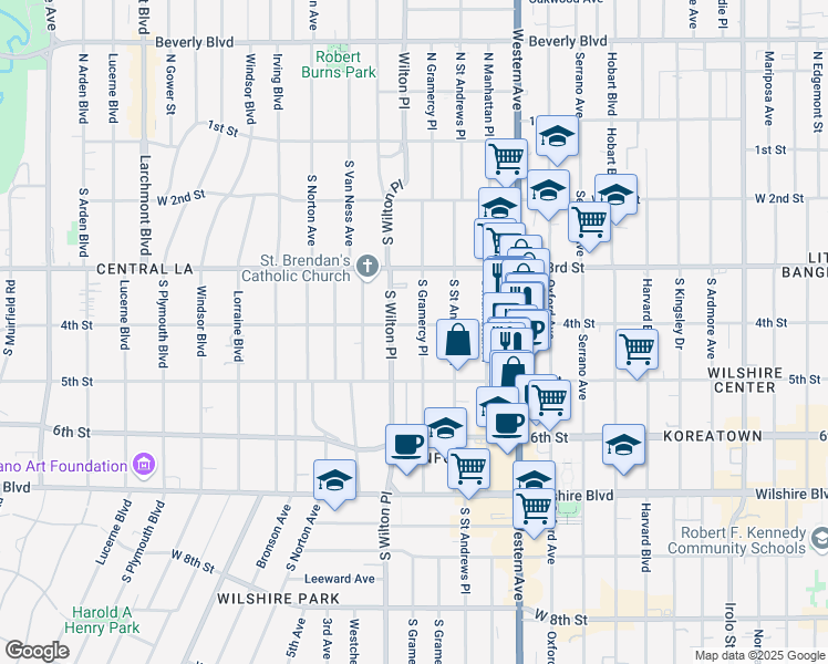 map of restaurants, bars, coffee shops, grocery stores, and more near 420 South Gramercy Place in Los Angeles