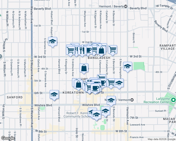 map of restaurants, bars, coffee shops, grocery stores, and more near 400 South Mariposa Avenue in Los Angeles