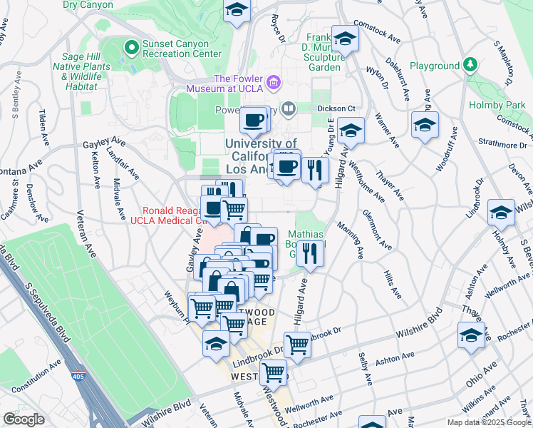 map of restaurants, bars, coffee shops, grocery stores, and more near 650 Charles E Young Drive South in Los Angeles