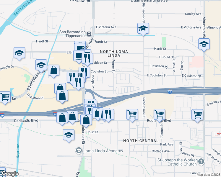 map of restaurants, bars, coffee shops, grocery stores, and more near 1285 Laurelwood Drive in San Bernardino