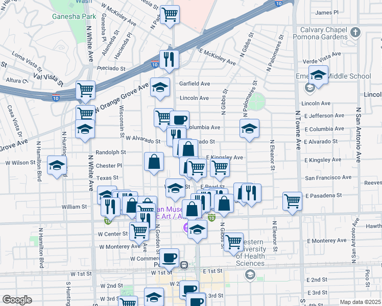 map of restaurants, bars, coffee shops, grocery stores, and more near 107 East Kingsley Avenue in Pomona