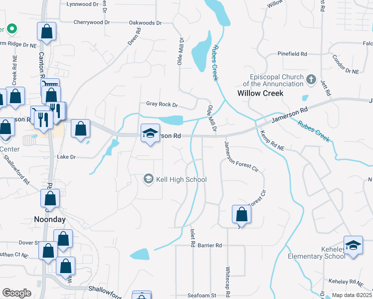 map of restaurants, bars, coffee shops, grocery stores, and more near 1410 Creek Overlook Court in Marietta