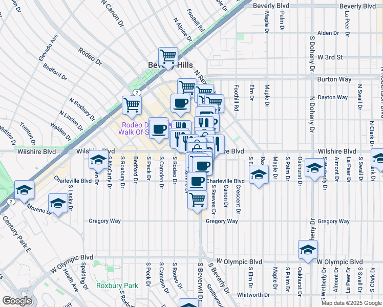 map of restaurants, bars, coffee shops, grocery stores, and more near 9470 Wilshire Boulevard in Beverly Hills