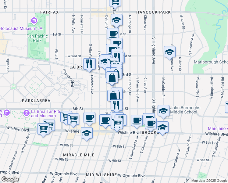 map of restaurants, bars, coffee shops, grocery stores, and more near 422 South La Brea Avenue in Los Angeles