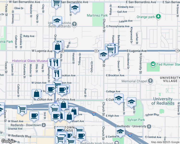 map of restaurants, bars, coffee shops, grocery stores, and more near 1111 Oxford Drive in Redlands