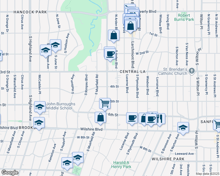 map of restaurants, bars, coffee shops, grocery stores, and more near 400 South Rossmore Avenue in Los Angeles