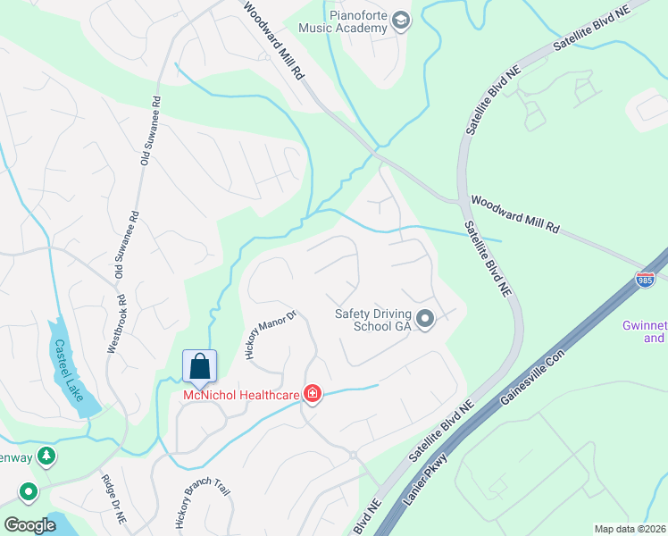 map of restaurants, bars, coffee shops, grocery stores, and more near 665 Roxford Lane Northeast in Buford