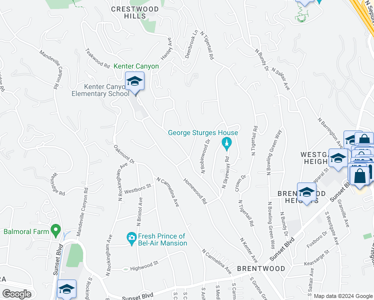 map of restaurants, bars, coffee shops, grocery stores, and more near 420 North Kenter Avenue in Los Angeles