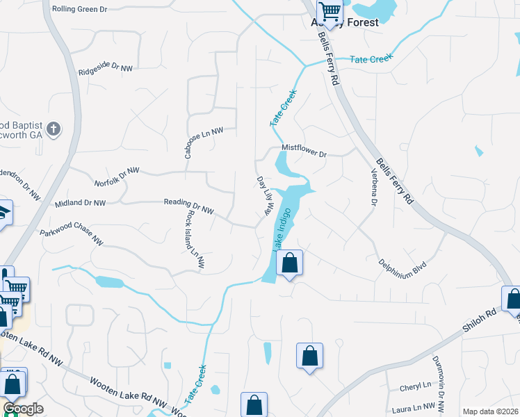 map of restaurants, bars, coffee shops, grocery stores, and more near 658 Dianthus Court in Acworth