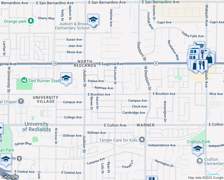 map of restaurants, bars, coffee shops, grocery stores, and more near 1457 East Brockton Avenue in Redlands