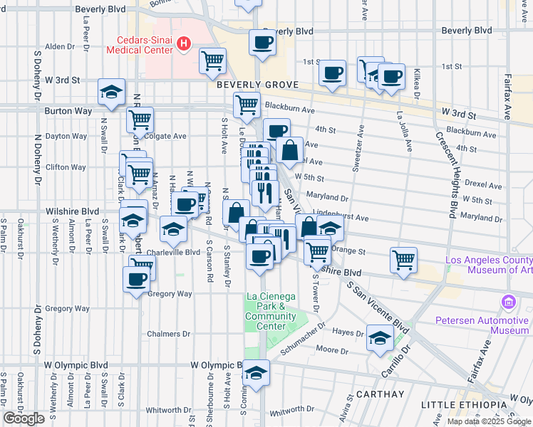 map of restaurants, bars, coffee shops, grocery stores, and more near 125 North Hamilton Drive in Beverly Hills