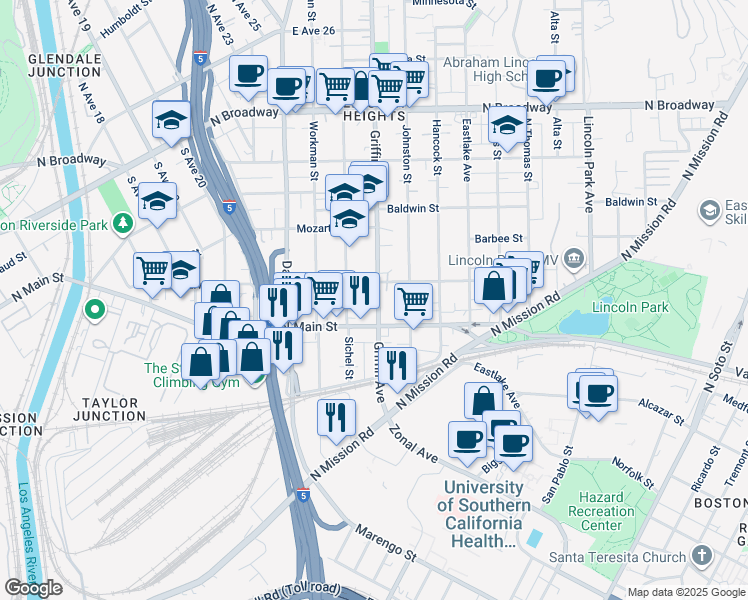 map of restaurants, bars, coffee shops, grocery stores, and more near 1927 Griffin Avenue in Los Angeles