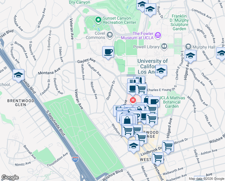 map of restaurants, bars, coffee shops, grocery stores, and more near 10944 Strathmore Drive in Los Angeles