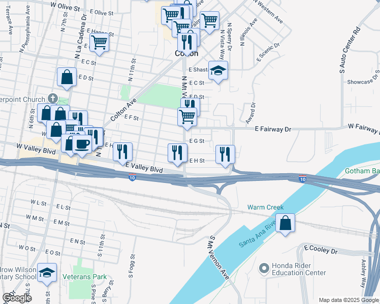 map of restaurants, bars, coffee shops, grocery stores, and more near 372 South Mount Vernon Avenue in Colton