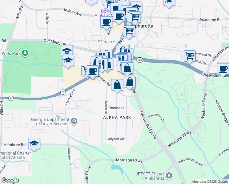map of restaurants, bars, coffee shops, grocery stores, and more near 54 Devore Road in Alpharetta