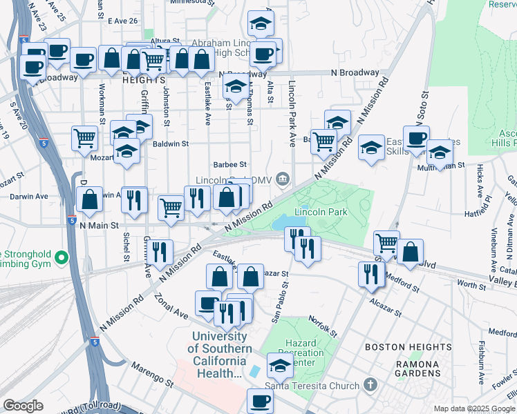 map of restaurants, bars, coffee shops, grocery stores, and more near 3421 North Mission Road in Los Angeles