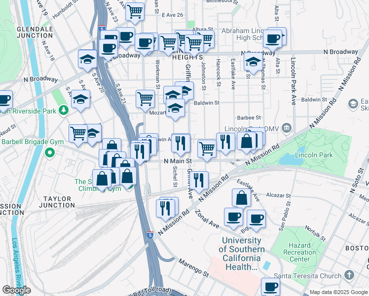 map of restaurants, bars, coffee shops, grocery stores, and more near 1927 Griffin Avenue in Los Angeles