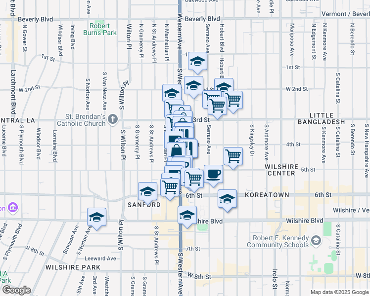 map of restaurants, bars, coffee shops, grocery stores, and more near 415 South Oxford Avenue in Los Angeles