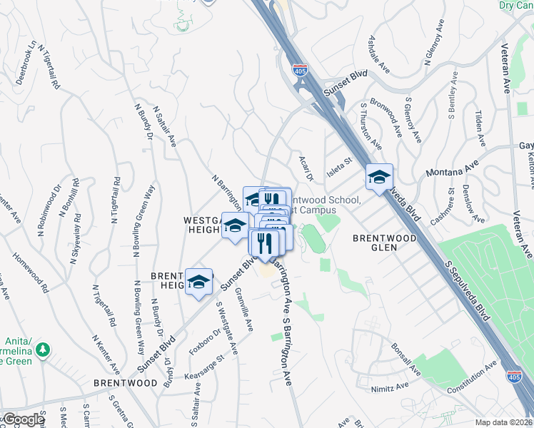 map of restaurants, bars, coffee shops, grocery stores, and more near 100 South Barrington Place in Los Angeles