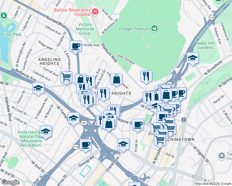 map of restaurants, bars, coffee shops, grocery stores, and more near 918 West College Street in Los Angeles