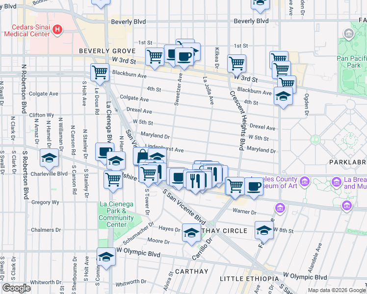 map of restaurants, bars, coffee shops, grocery stores, and more near 6503 Lindenhurst Avenue in Los Angeles
