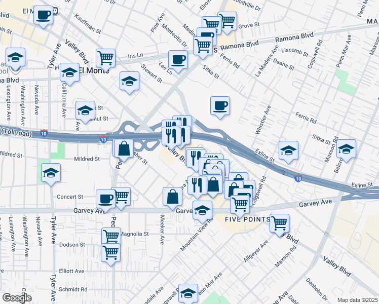 map of restaurants, bars, coffee shops, grocery stores, and more near 11654 Valley Boulevard in El Monte