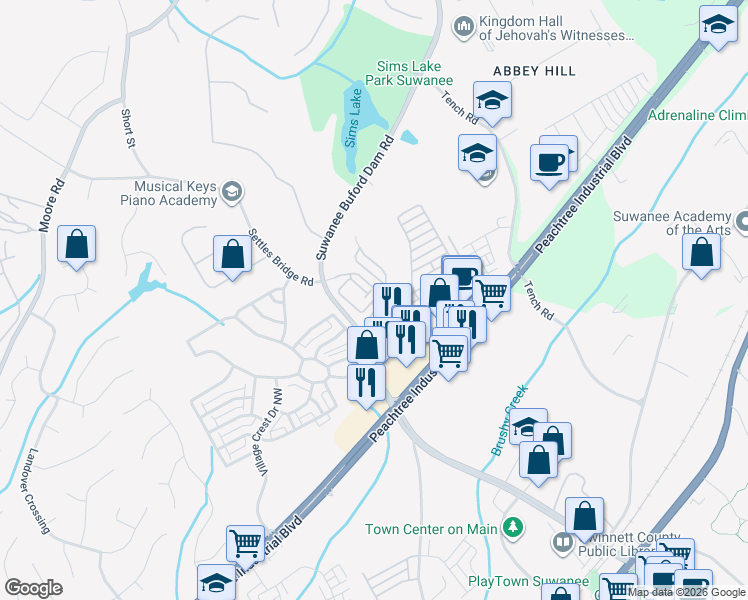 map of restaurants, bars, coffee shops, grocery stores, and more near 4379 Tacoma Trace in Suwanee
