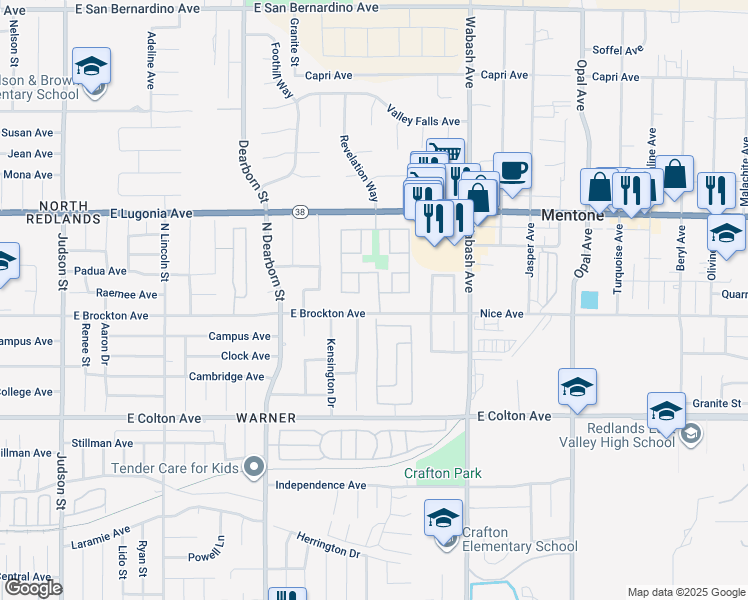 map of restaurants, bars, coffee shops, grocery stores, and more near 1107 Vía San Remo in Redlands